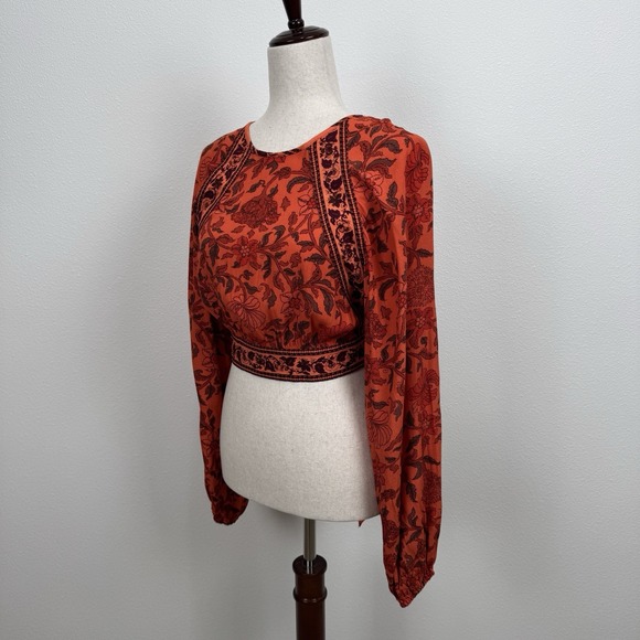 Urban Outfitters Top Womens S Orange Floral Cropped Bell Sleeve Indie Boho Fall - Picture 5 of 12